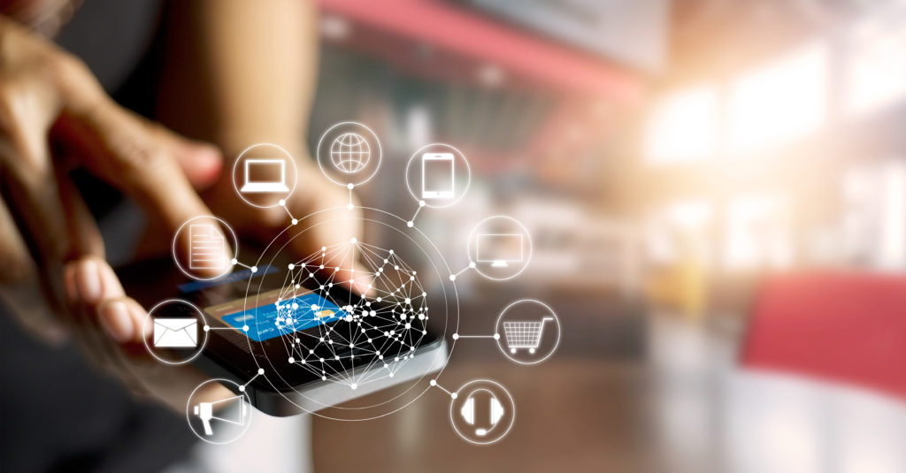 Man using mobile payments online shopping and icon customer network ...